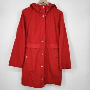 London Fog Womens Rain Jacket Size L Red Trench Coat Pockets Hood Outdoors